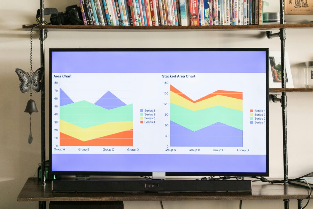 pexels-photo-7948062-7948062 Vibrant area and stacked area charts showcased on a modern television.